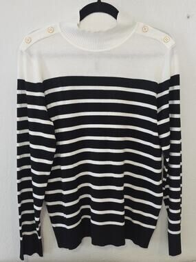 Cable & Gauge Womens Sweater Black And White Striped Mock Neck Size Large NWT